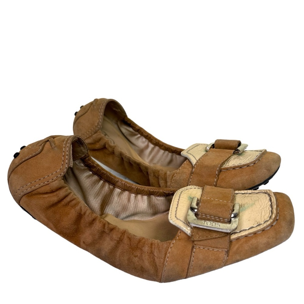 Tod's Logo Patent Suede Leather Patent Ballet Flats Scrunch Loafers Comfort 7.5